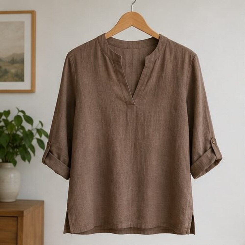 Mocha Linen Notch Neck Blouse
